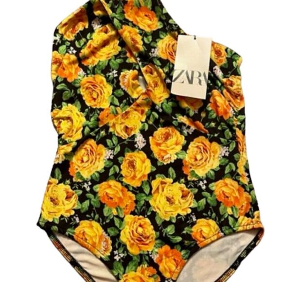 Zara NWT Women's Yellow Multi Floral Cross Twist Neck Halter Top Bodysuit Small - Picture 6 of 14